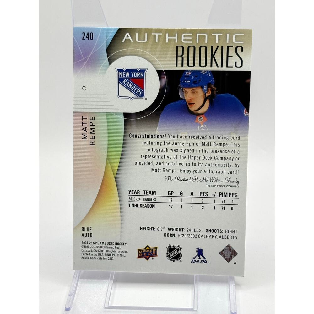 2024-25 SP Game Used Matt Rempe Rookie Blue Auto New York Rangers RC - Picture 2 of 2